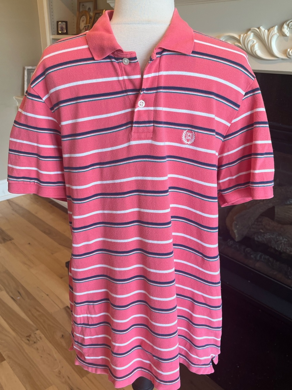 Chaps Pink Striped Polo with Navy & White Accents